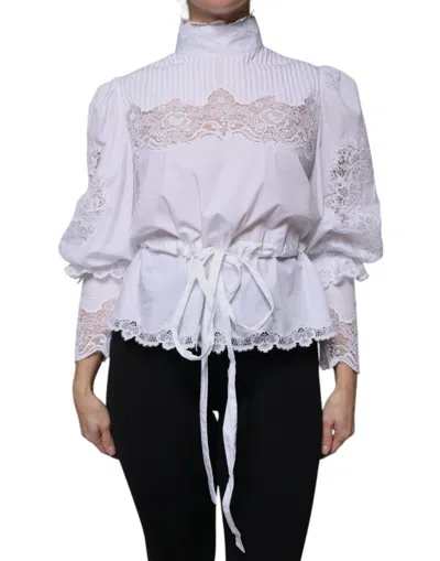 Pre-owned Dolce & Gabbana White Cotton Lace Trim Turtleneck Blouse Women's Top ()