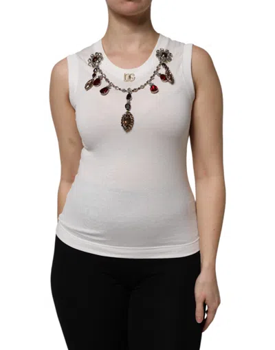 Pre-owned Dolce & Gabbana White Cotton Logo Crystal Detailing Tank Women's Top ()