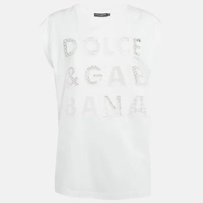 Pre-owned Dolce & Gabbana White Cotton Logo Embellished Detail Cap Sleeve T-shirt S