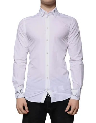 Pre-owned Dolce & Gabbana White Cotton Logo Formal Men Gold Dress Men's Shirt ()