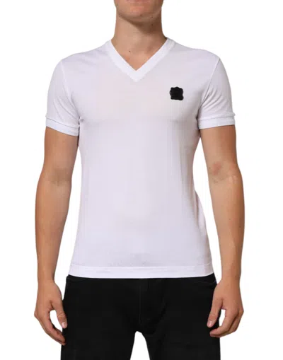 Pre-owned Dolce & Gabbana White Cotton Logo Patch V-neck Tee Men's T-shirt ()