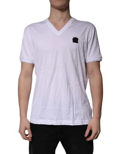 Pre-owned Dolce & Gabbana White Cotton Logo Patch V-neck Tee Men's T-shirt ()