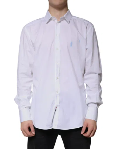 Pre-owned Dolce & Gabbana White Cotton Long Sleeve Gold Dress Men's Shirt ()