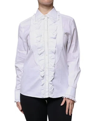 Pre-owned Dolce & Gabbana White Cotton Long Sleeves Ruffle Collar Women's Top ()
