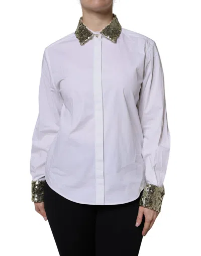 Pre-owned Dolce & Gabbana White Cotton Long Sleeves Sequin Shirt Women's Top ()