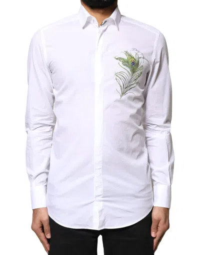 Pre-owned Dolce & Gabbana White Cotton Peacock Feather Gold Formal Men's Shirt ()
