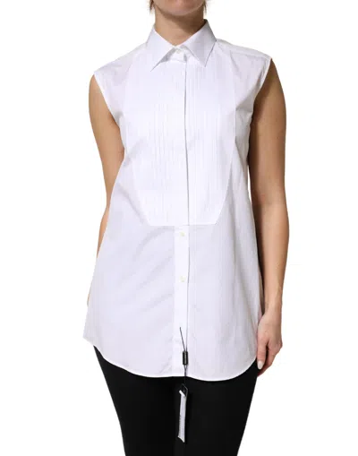 Dolce & Gabbana White Cotton Pleated Sleeveless Button Down Women's Top