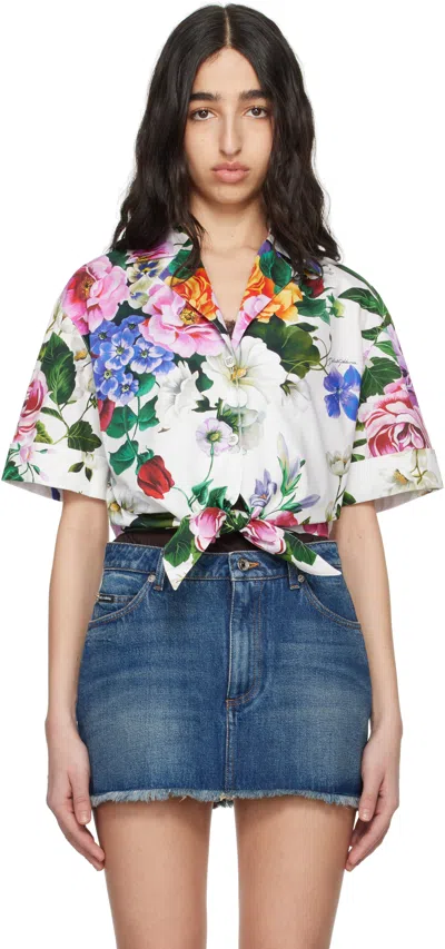 DOLCE & GABBANA WHITE COTTON PUSSY-BOW FLORAL PRINT SHIRT