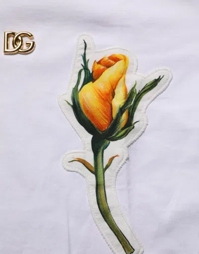 Dolce & Gabbana White Cotton Rose Patch Crew Neck T-shirt In Multi