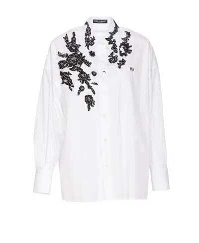 Dolce & Gabbana Floral-lace Long-sleeve Shirt In Blanco