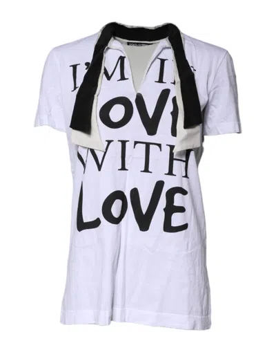 Pre-owned Dolce & Gabbana White Cotton Silk Blend Ascot Collar Women's T-shirt ()