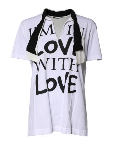 Pre-owned Dolce & Gabbana White Cotton Silk Blend Ascot Collar Women's T-shirt ()