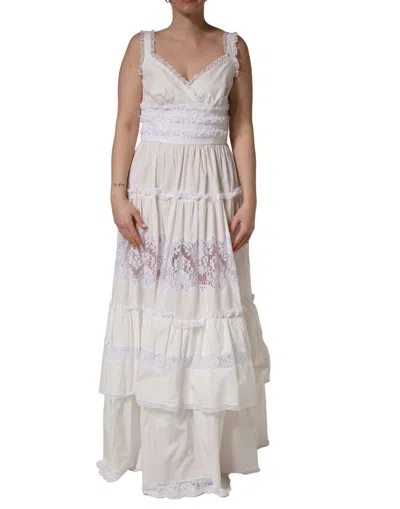 Pre-owned Dolce & Gabbana White Cotton Sleeveless Lace Maxi Women's Dress ()