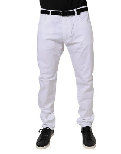 Pre-owned Dolce & Gabbana White Cotton Stretch Skinny Dress Formal Men's Pants ()