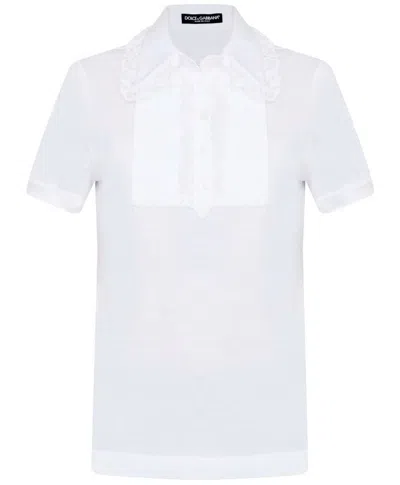 DOLCE & GABBANA WHITE COTTON T-SHIRT WITH LACE INSERTS