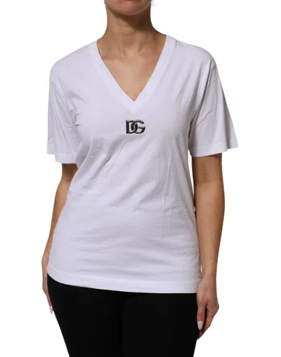Pre-owned Dolce & Gabbana White Cotton V-neck Short Sleeves Women's T-shirt ()