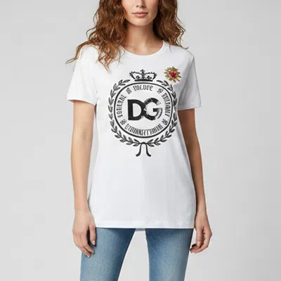 Pre-owned Dolce & Gabbana White Crest Print Crown And Logo Embellished T-shirt M