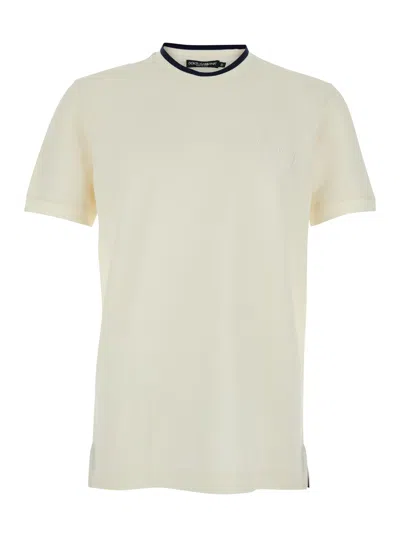 Dolce & Gabbana White Crew-nwck T-shirt With Logo On Front In Tech Fabric Man