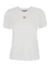 Dolce & Gabbana White Crewneck T-shirt With Logo Embroidery With Crystals On The Front In Cotton Woman In White