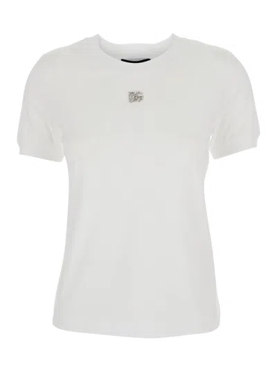 DOLCE & GABBANA WHITE CREWNECK T-SHIRT WITH LOGO EMBROIDERY WITH CRYSTALS ON THE FRONT IN COTTON WOMAN