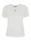 Dolce & Gabbana White Crewneck T-shirt With Logo Embroidery With Crystals On The Front In Cotton Woman In White