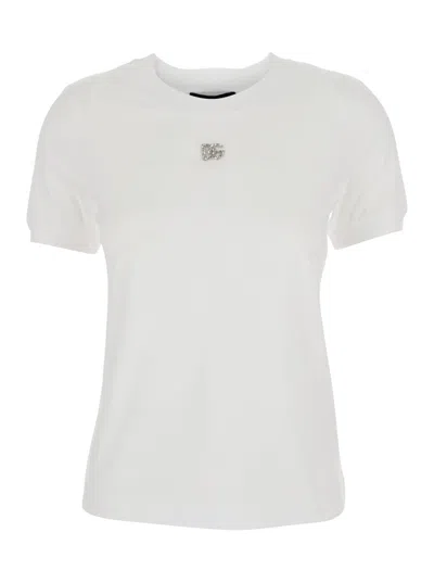 DOLCE & GABBANA WHITE CREWNECK T-SHIRT WITH LOGO EMBROIDERY WITH CRYSTALS ON THE FRONT IN COTTON WOMAN