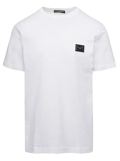 DOLCE & GABBANA WHITE CREWNECK T-SHIRT WITH LOGO PLATE
