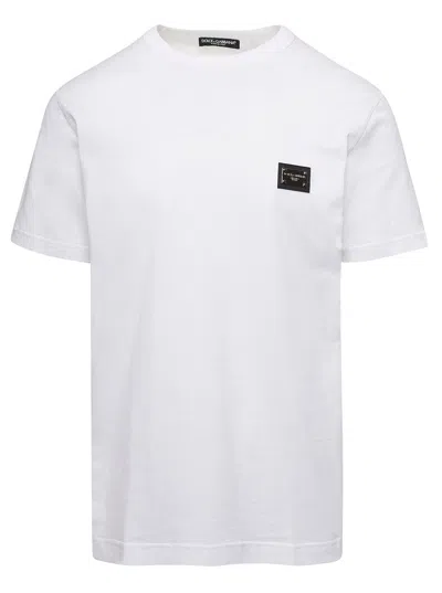 DOLCE & GABBANA DOLCE & GABBANA WHITE CREWNECK T-SHIRT WITH LOGO PLATE IN COTTON MAN