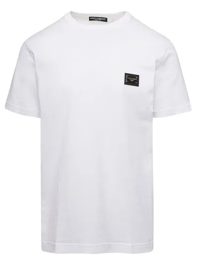 DOLCE & GABBANA WHITE CREWNECK T-SHIRT WITH LOGO PLATE IN COTTON MAN