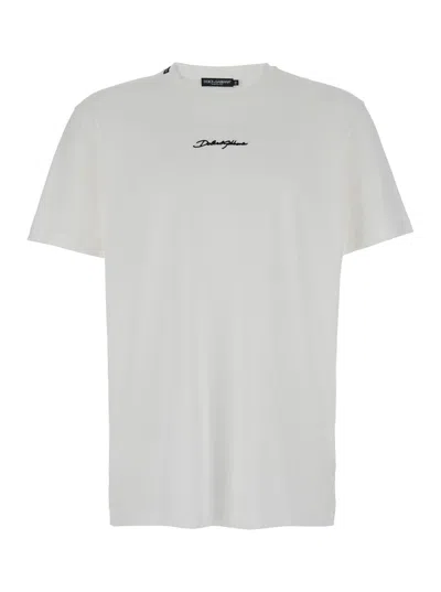 DOLCE & GABBANA WHITE CREWNECK T-SHIRT WITH SIGNATURE LOGO IN COTTON MAN
