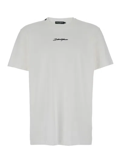Dolce & Gabbana White Crewneck T-shirt With Signature Logo In Cotton Man