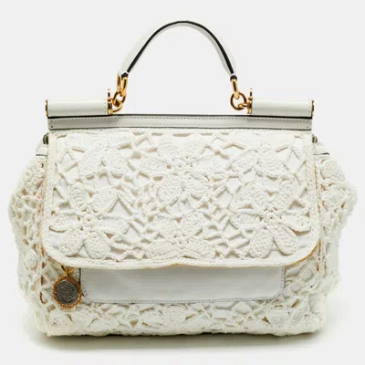 Pre-owned Dolce & Gabbana White Crochet Fabric Large Miss Sicily Top Handle Bag