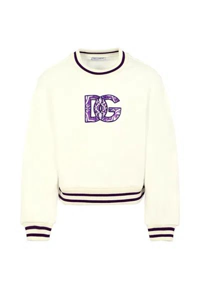 Dolce & Gabbana Kids' White Crop Sweatshirt For Girl With Dg Logo