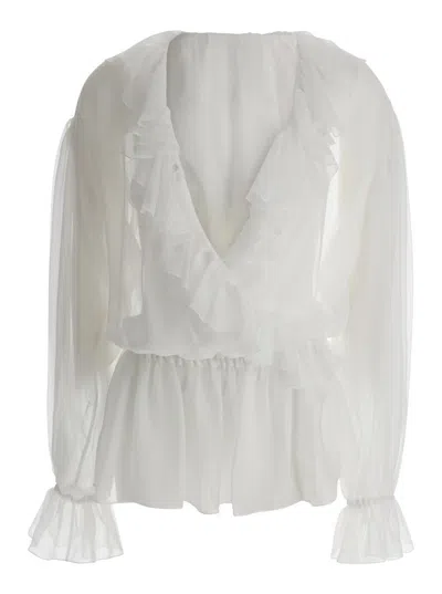 Dolce & Gabbana White Cropped Blouse With Ruffles Trim In Silk Woman