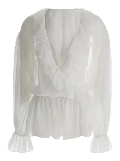 DOLCE & GABBANA DOLCE & GABBANA WHITE CROPPED BLOUSE WITH RUFFLES TRIM IN SILK WOMAN
