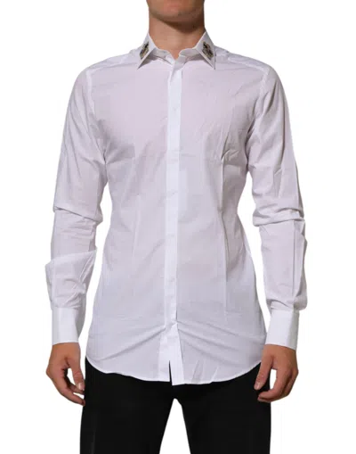 Dolce & Gabbana White Crown Collared Gold Formal Dress  Shirt