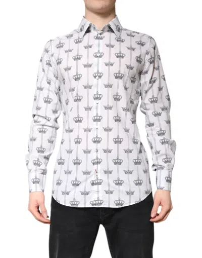 Pre-owned Dolce & Gabbana White Crown Cotton Gold Formal Dress Men's Shirt ()
