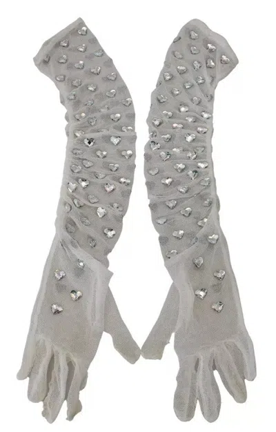 Pre-owned Dolce & Gabbana White Crystal Elbow Length Cotton Tulle Women's Gloves ()