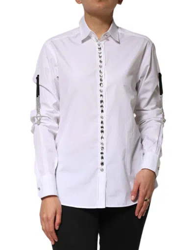 Pre-owned Dolce & Gabbana White Crystal Embellished Collared Shirt Women's Top ()