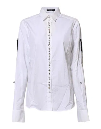 Pre-owned Dolce & Gabbana White Crystal Embellished Collared Shirt Women's Top ()