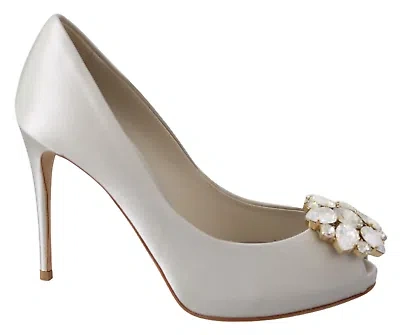 Pre-owned Dolce & Gabbana White Crystal Peep Toe Silk Blend Heels