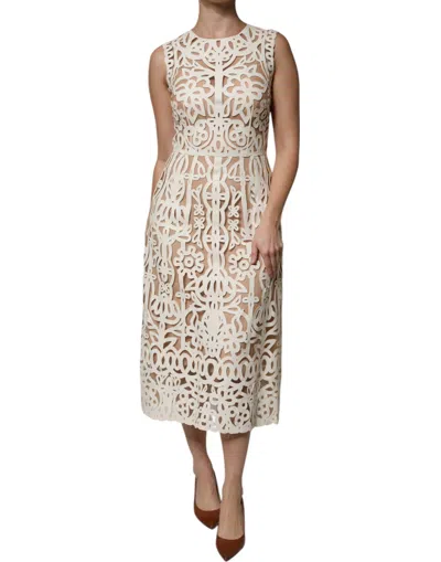 Dolce & Gabbana White Cut Out Leather Sleeveless Midi Dress In Neutral