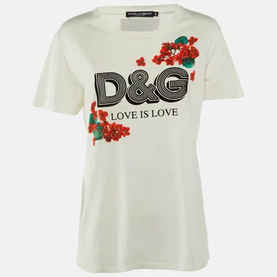 Pre-owned Dolce & Gabbana White D & G Floral Print Cotton Crew Neck T-shirt L