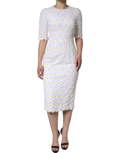 Pre-owned Dolce & Gabbana White Daisy Macrame Lace Sheath Midi Women's Dress ()