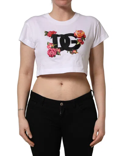 Pre-owned Dolce & Gabbana White Dg Floral Cotton Jersey Crop Women's T-shirt ()