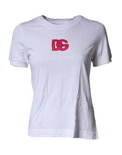 Pre-owned Dolce & Gabbana White Dg Logo Crew Neck Short Sleeves Women's T-shirt ()