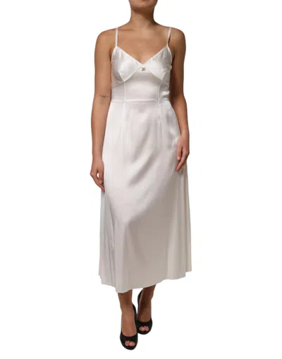 Dolce & Gabbana White Dg Logo Full Slip Silk Dress Sleepwear