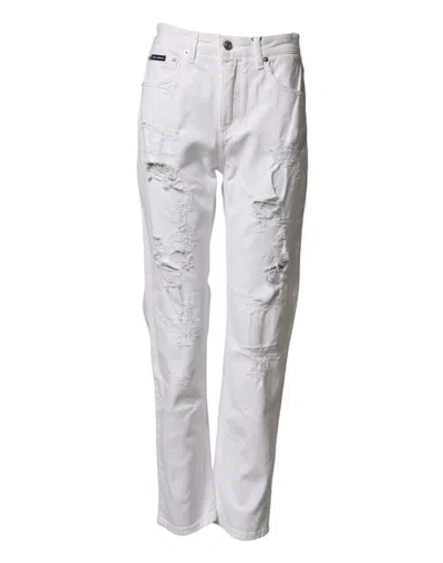 Dolce & Gabbana White Distressed Cotton Boyfriend Denim Women's Jeans