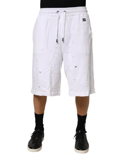 DOLCE & GABBANA WHITE DISTRESSED COTTON MEN BERMUDA SHORTS