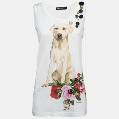 Pre-owned Dolce & Gabbana White Dog-floral Print And Embellished Cotton Tank Top S